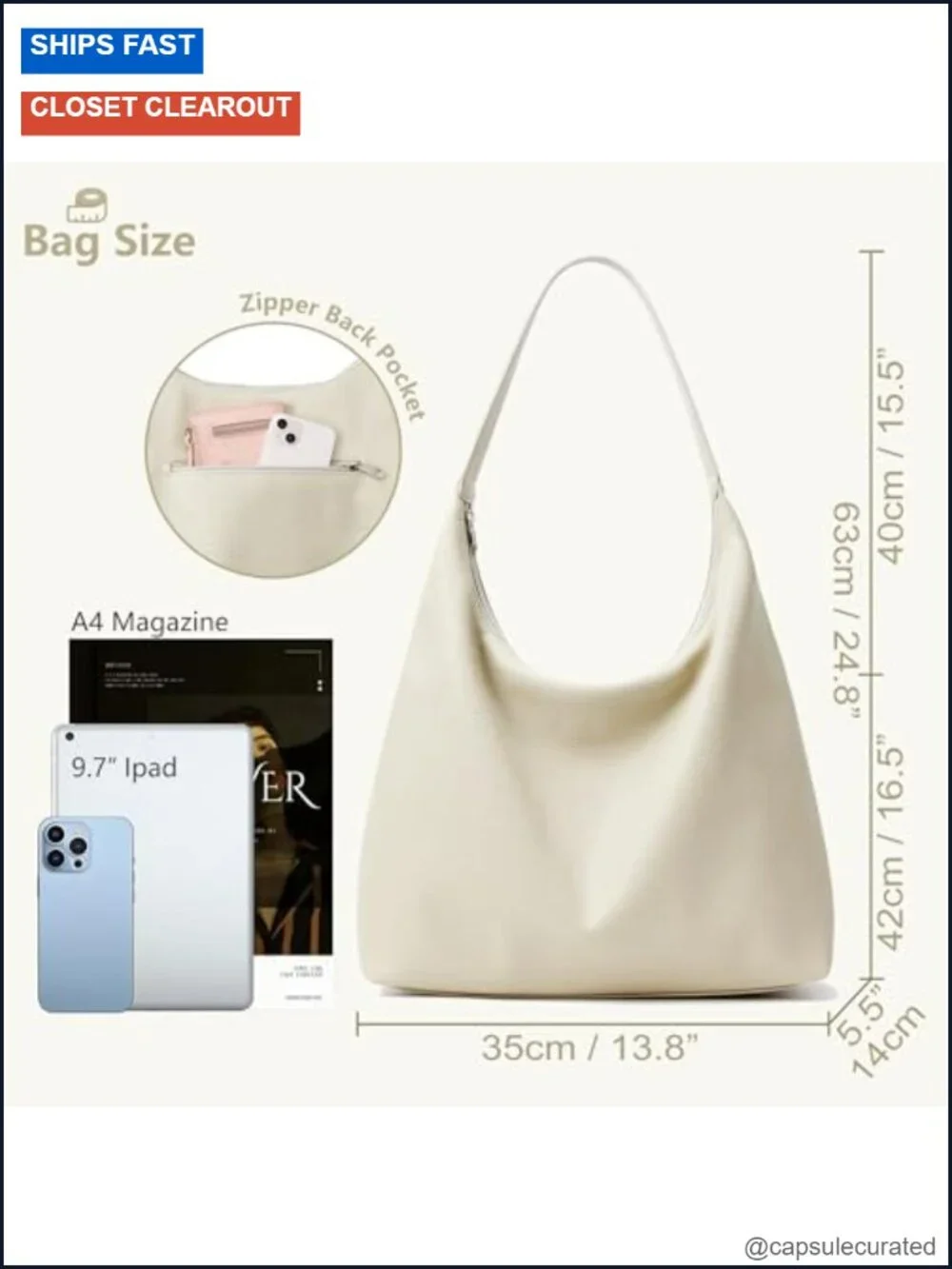 Slouchy Tote Bag 18L Vegan Leather Crescent Hobo Zipper Shoulder Purse